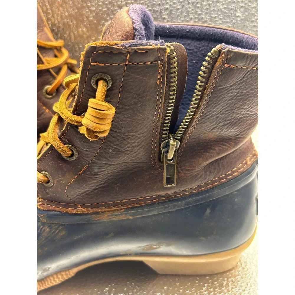 Sperry Saltwater Duck Boots Womens 7 Brown Navy Leather Waterproof STS91175